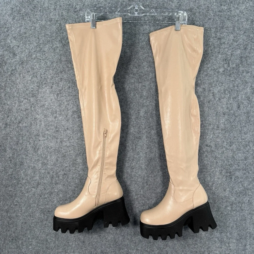 Loverboy Boots Womens 6.5 Over The Knee Block Heel Platform Side Zip Nude Chunky